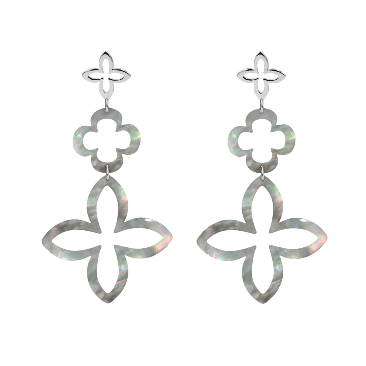 Pendants d'oreilles Lys et Trèfle en nacre foncée et argent