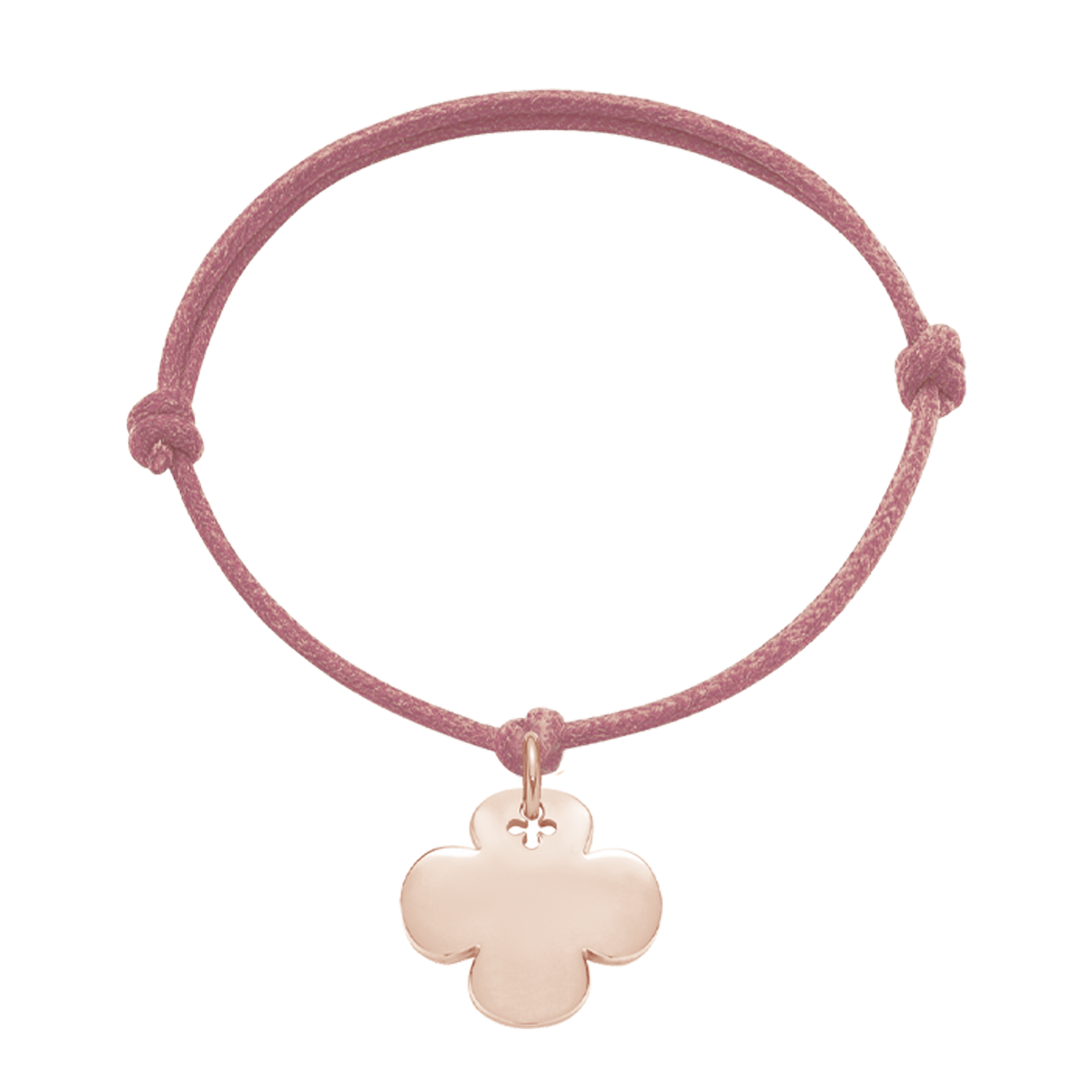 Schnurarmband pudder mit 2 cm rundem Kleeblatt rosévergoldet