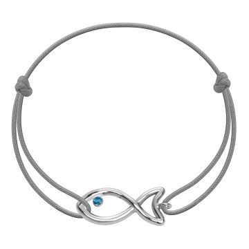 Armband mit versilbertem Fisch mit blauen Topas am dünnen dunkelgrauen Schnur