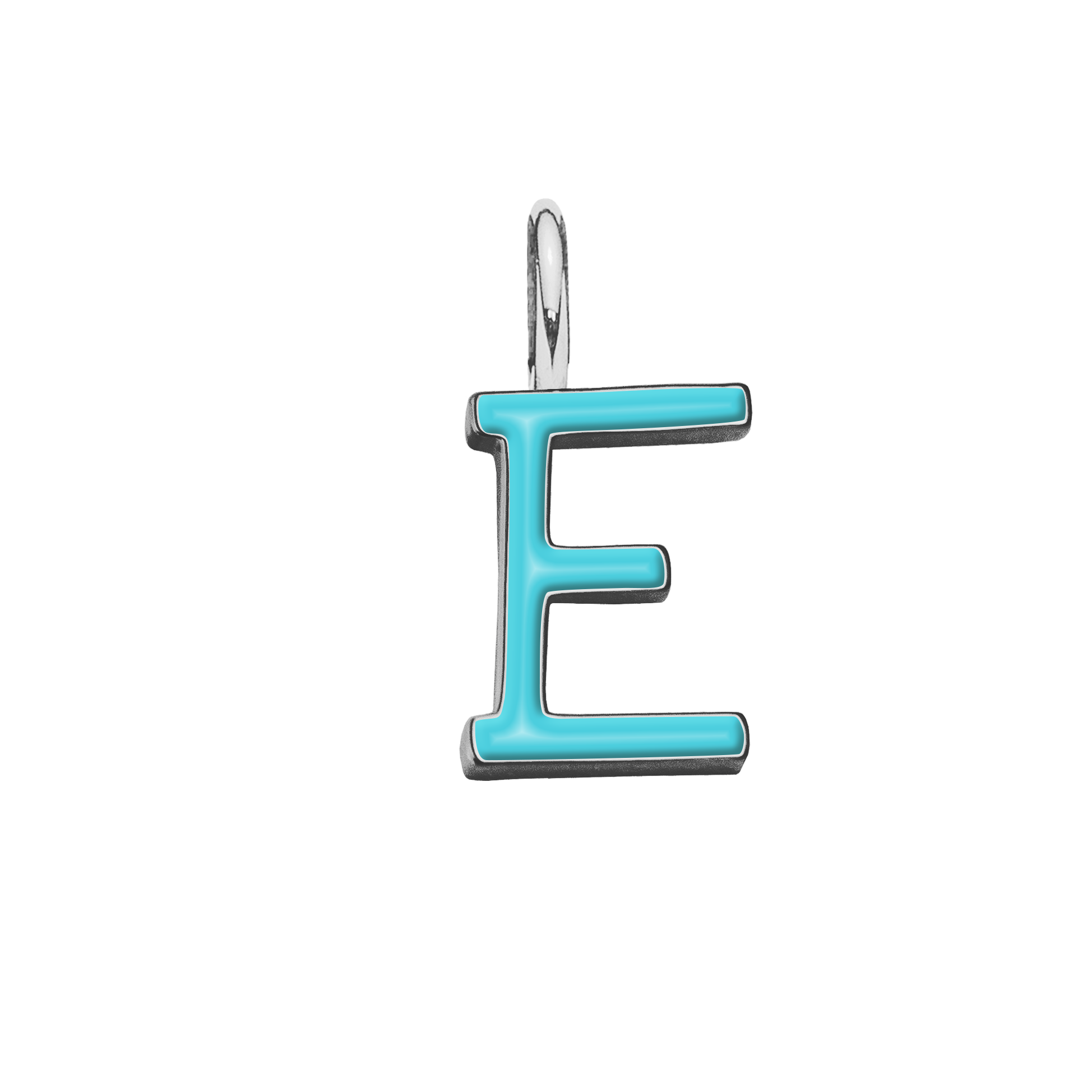 Pendentif lettre E en émail couleur turquoise plaqué argent 