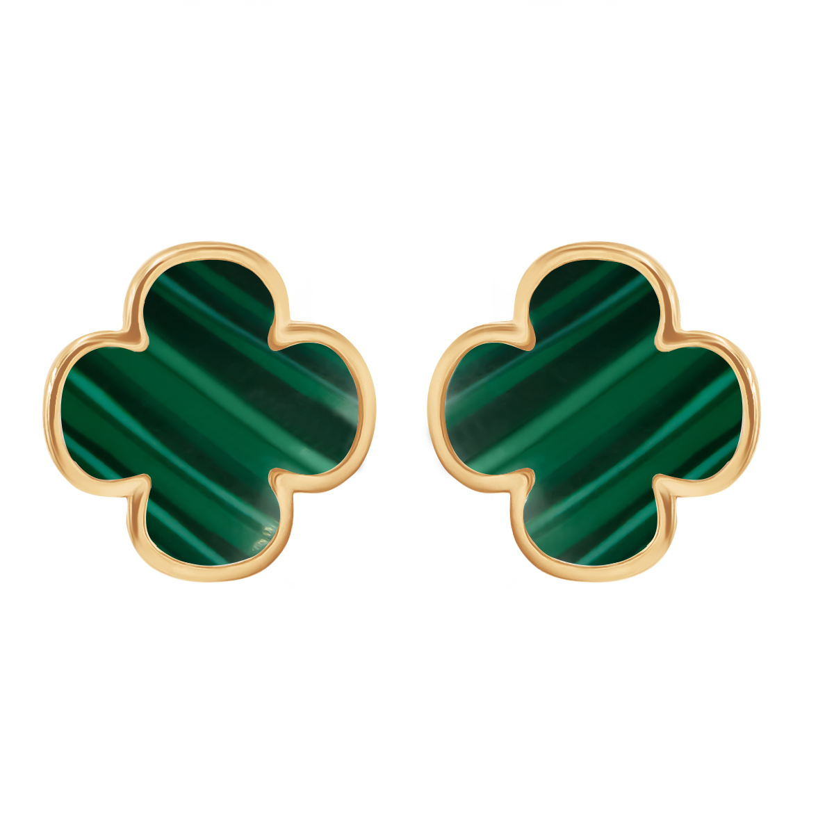 Boucles d'oreilles trèfle en malachite verte  encadré d’or 585