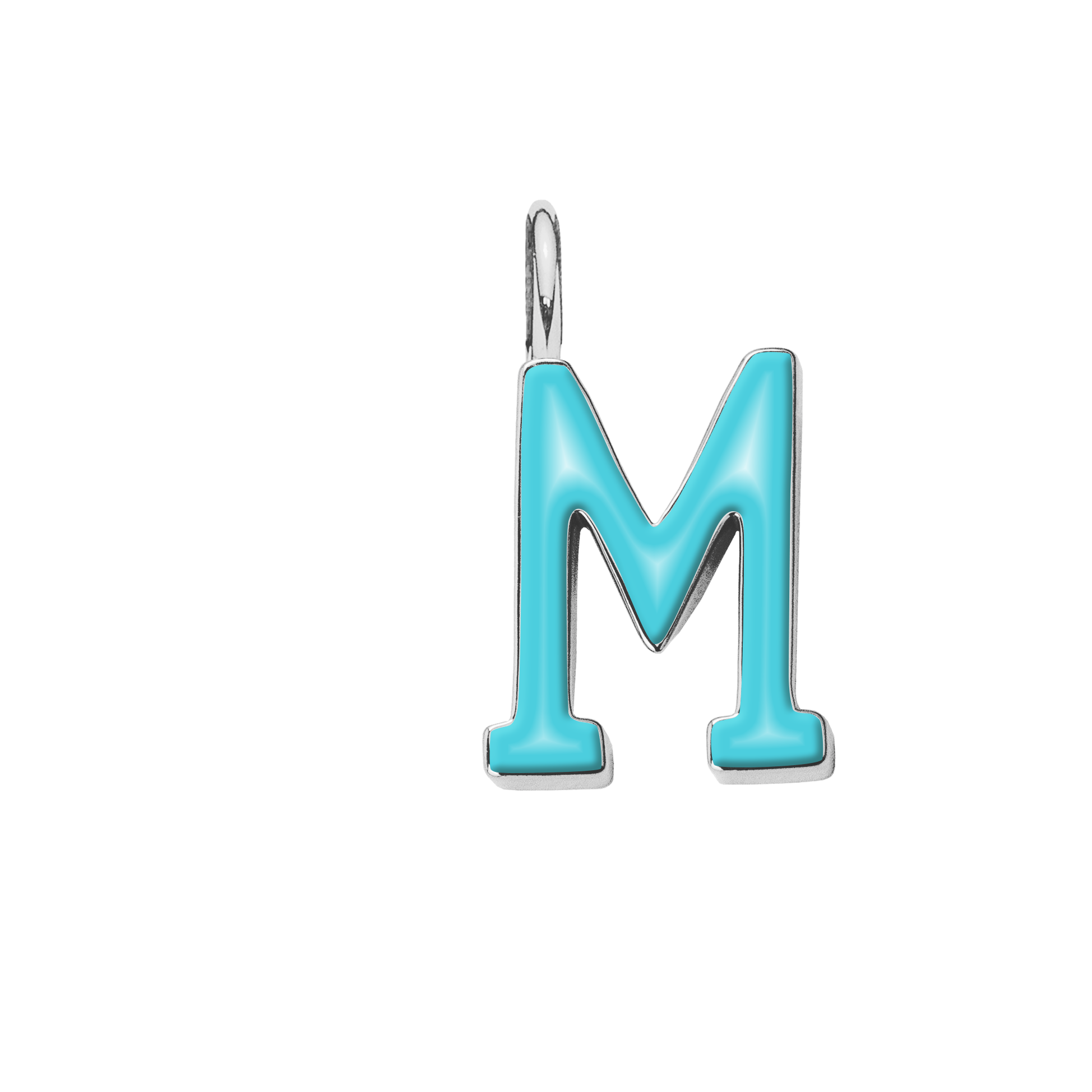 Pendentif lettre M en émail couleur turquoise plaqué argent 