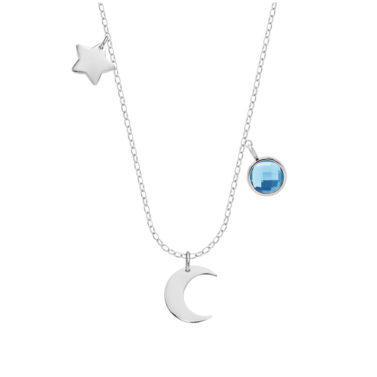 Collier avec un pendentif Lune, un pendentif étoile et quartz bleu