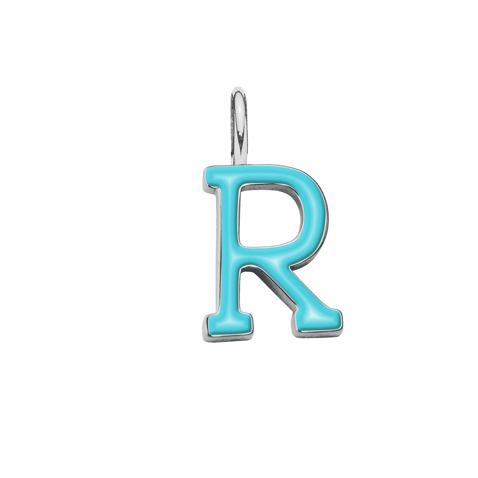 Pendentif lettre R en émail couleur turquoise plaqué argent 